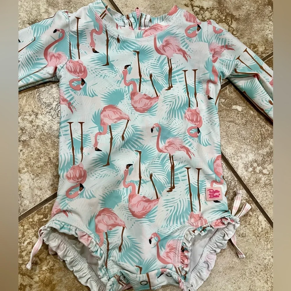 Ruffle Butts Pink Flamingo Print One-Piece Swimsuit - Aqua & Pink